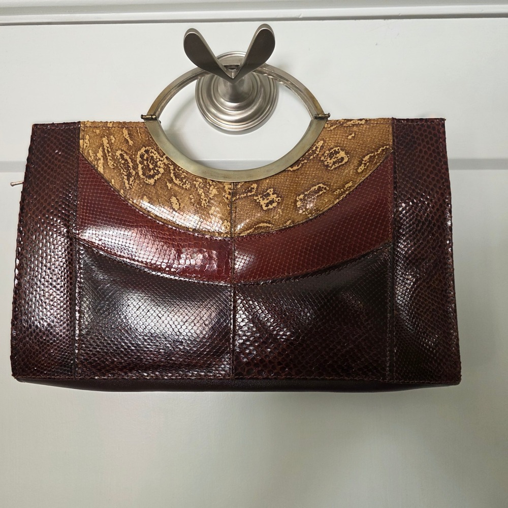 Vintage 70s 80s Argentina Mixed Snakeskin Leather Patchwork Metal Handle Bag
